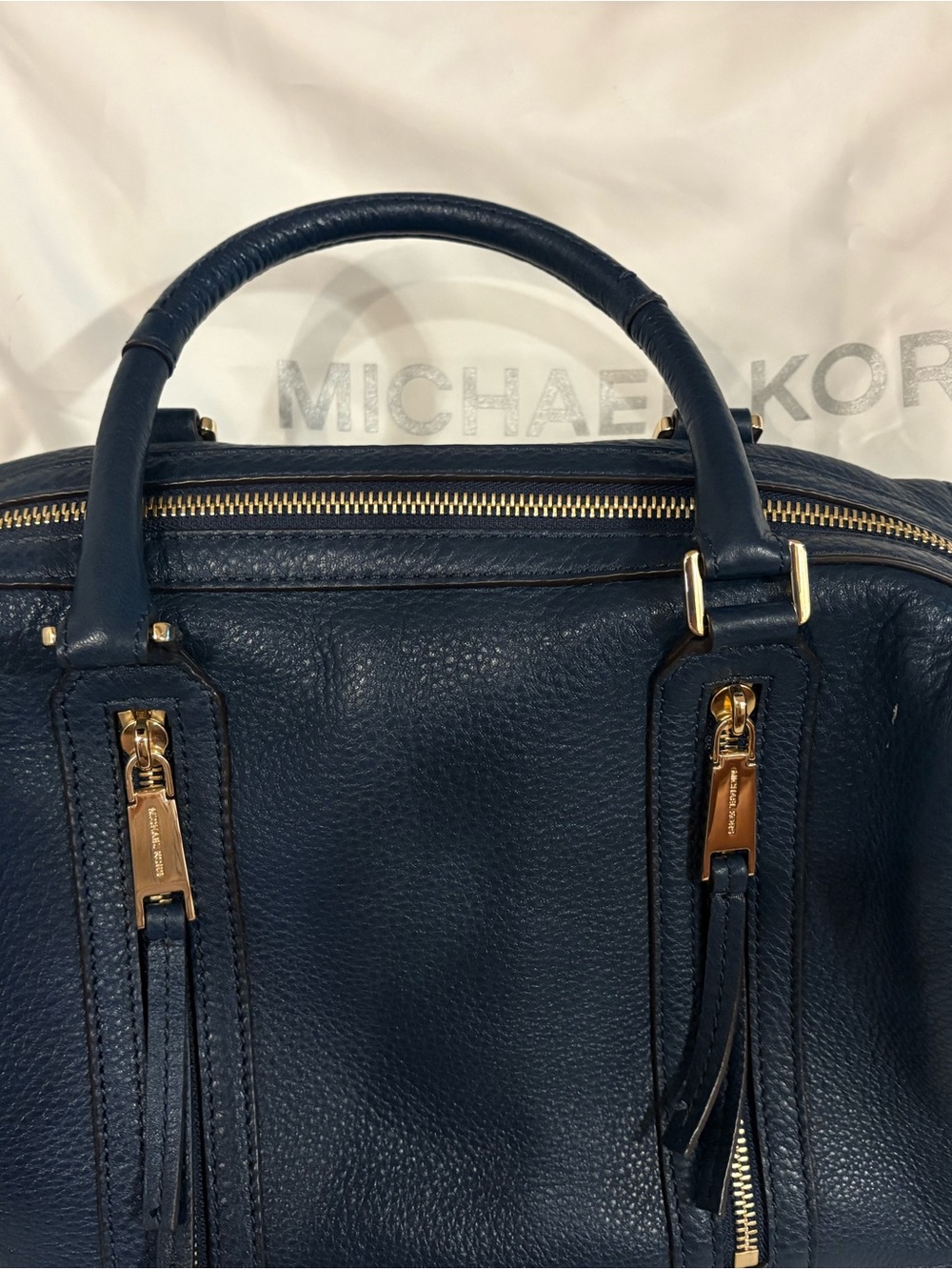Michael Kors Navy Leather Julia Large Bag with Gold Hardware